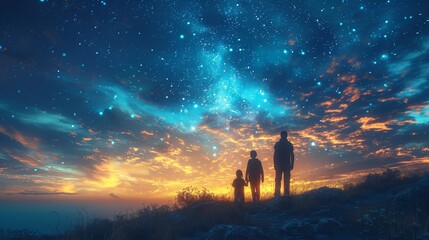 Fototapeta premium Family Enjoying a Beautiful Starry Night Sky During a Memorable Travel Adventure Together