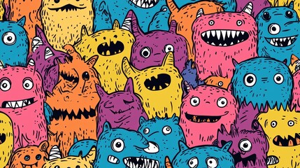 Colorful Monster Doodles Seamless Pattern - Fun and Whimsical Cartoon Creatures in Vibrant Colors for Kids' Designs and Creative Projects
