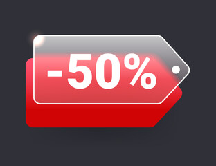 Discount offer glass morphism price tag. 50% off sale vector sign