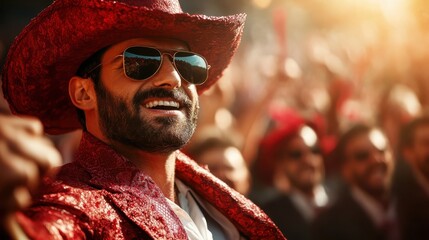 A cheerful man wears a vibrant red cowboy hat and suit, smiling amidst a lively crowd in a sunlit outdoor event, exuding confidence and joy.