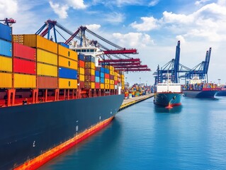 Fototapeta premium Colorful containers lined on cargo ships at a bustling port under a bright blue sky.