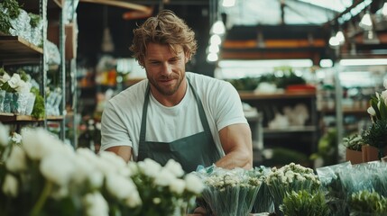 A man wearing an apron is arranging flowers with care in a flower shop, surrounded by an abundant variety of blooms and the lively bustle of the shop environment.