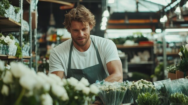 A man wearing an apron is arranging flowers with care in a flower shop, surrounded by an abundant variety of blooms and the lively bustle of the shop environment.