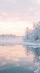 Fototapeta premium A serene winter landscape with icy reflections on a calm river at sunrise, surrounded by frosted trees.