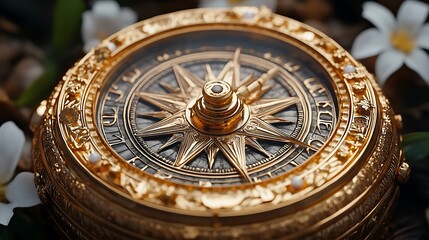 Obraz premium A golden compass with a black and silver face surrounded by white flowers.