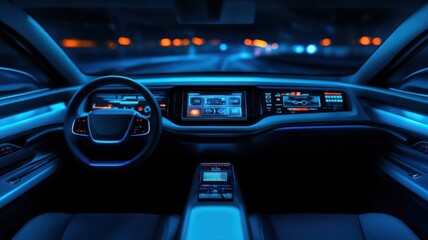 Futuristic car interior with glowing blue lights, showcasing advanced technology and sleek design for modern driving experience.