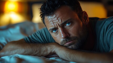 A man laying in bed with his head resting on his hand
