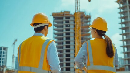 back view Group of male and female engineer construction working together at construction site. Foreman construction working at construction site