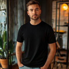 A man wearing a black t-shirt standing in front of a window
