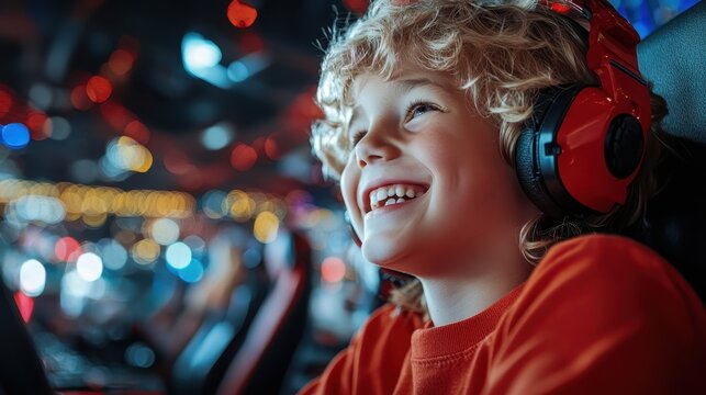 Laughing boy wearing headphones immerses himself in arcade gaming, illustrating joy and zest for modern childhood joys amidst neon-lit, dynamic surroundings.