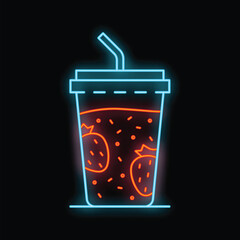 Glowing neon sign representing a strawberry milkshake with a drinking straw on a black background