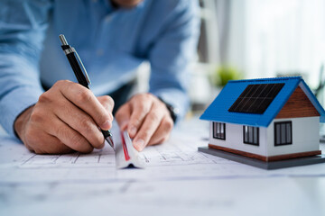 A man is drawing a house on a piece of paper with a ruler. He is using a pen to draw the house