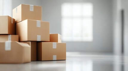 Obraz premium Multiple cardboard boxes are gathered in a bright, spacious room. The smooth floor reflects light, enhancing the clean and airy feel of the minimalistic setting.
