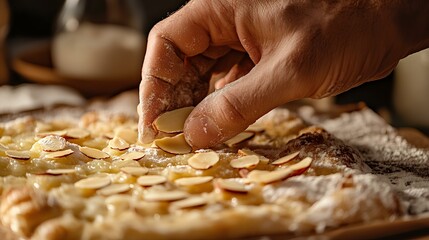 Hand Sprinkling Sliced Almonds on Homemade Pastry