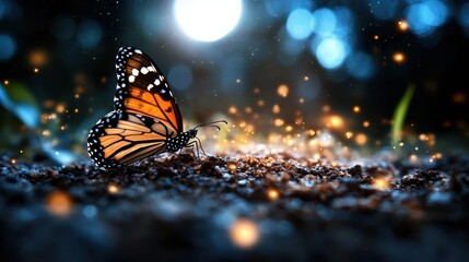 Obraz premium A luminous butterfly rests on earthy ground, surrounded by glowing particles that produce a whimsical effect, capturing nature's beauty and serene ambiance.