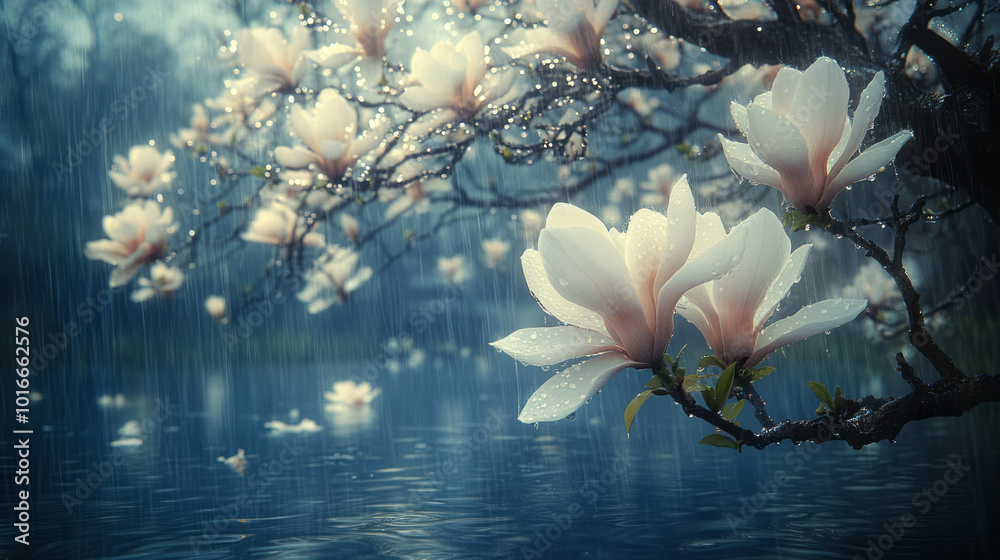 Poster a magnolia tree in full bloom during a spring rainstorm,