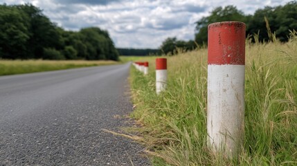 Naklejka premium Roadside Markers and Green Grass Landscape