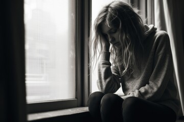 Fototapeta premium A girl sitting in the room covering her face window worried adult.