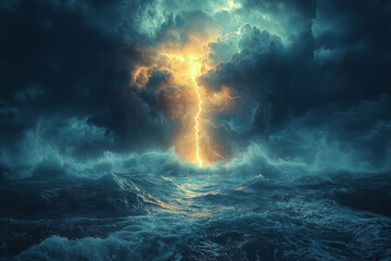 A fierce thunderstorm over the ocean,