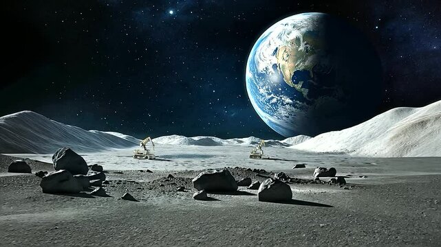 A carbon mining colony on the moon, with giant drills extracting carbon from lunar rocks, set against the backdrop of Earthrise