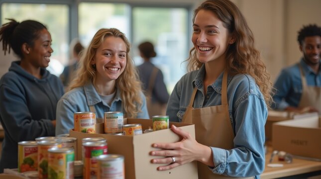 Teens volunteering at a local food bank pack canned goods into boxes for community distribution