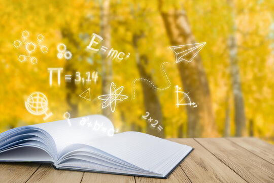 Open textbook from which they fly out mathematical formulas and education concept digital holograms and flash of sunlight against backdrop of autumn trees. Concept of education or back to school.
