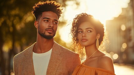 Stylish Diverse Couple Walking Together in Urban Setting During Golden Hour