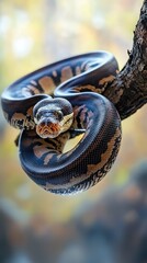 Fototapeta premium A striking snake perched gracefully on a branch, showcasing vibrant patterns and colors against a blurred natural backdrop.