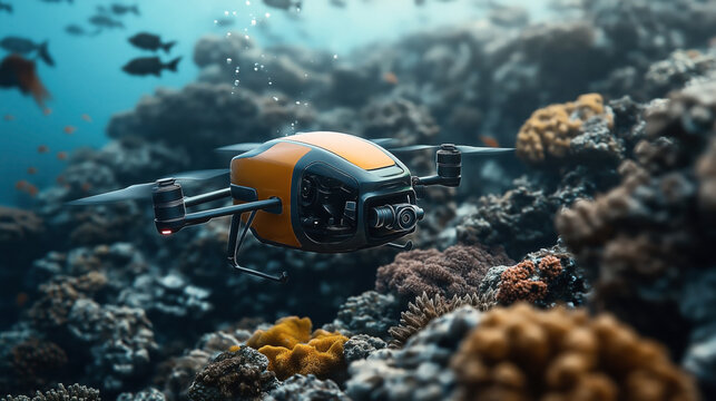Underwater drone exploring a vibrant coral reef with colorful corals and various fish swimming around, capturing footage of marine life in a clear ocean environment.