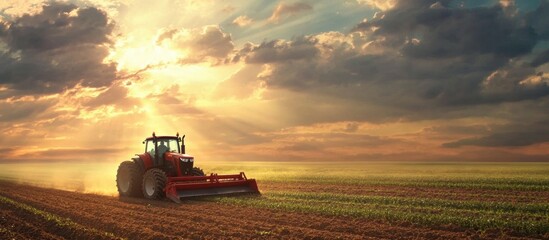 Fototapeta premium Tractor Sunset Field.