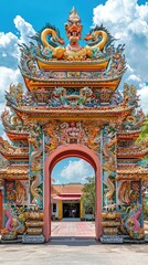Fototapeta premium A stunning, intricately designed temple gate adorned with vibrant colors and mythical creatures, set against a bright blue sky.