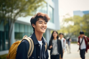 Student walking school adult happy.