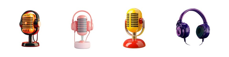 Set of 3D microphone with headphones, Trendy glossy plastic design elements. High quality isolated on transparent background