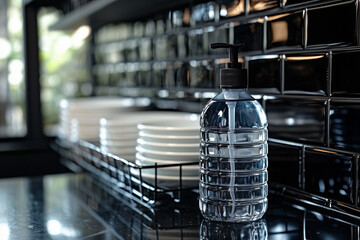 Dishwashing detergent liquid bottle and clean plates on a kitchen table close up background.