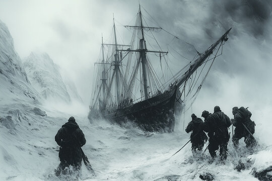 Old whaling ship and the sailors in the snowy sea background.