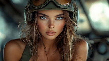 Naklejka premium Woman Wearing Military Green Tanker Uniform and Tanker Helmet Sitting on a Military Tank – Strong Female Soldier, Long Legs, Combat Gear, and Powerful Military Equipment
