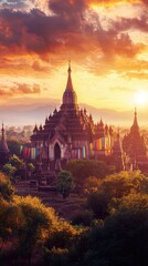 A stunning sunset view of an ancient temple surrounded by vibrant foliage, capturing the essence of tranquility and heritage.