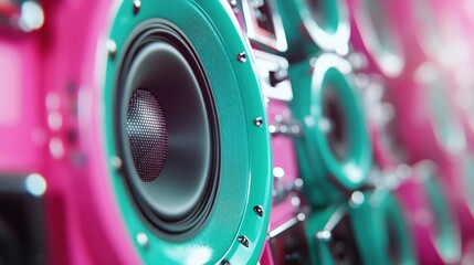Detailed view of a vibrant speaker featuring pink and teal colors with visible bolts and detailing, representing high-quality audio craftsmanship.