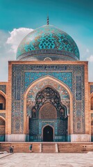 A stunning view of a historical mosque with intricate tile work and a majestic dome under a bright blue sky.