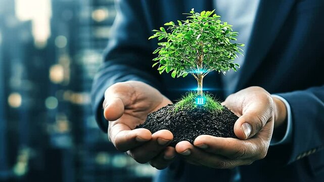 Hands carefully cradling a tree growing from a zero carbon footprint icon, with a city skyline transitioning to green energy in the background
