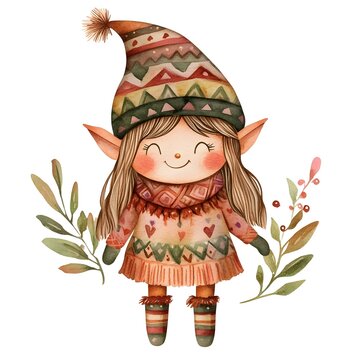 Adorable boho style Christmas elf character with tribal pattern accents and warm watercolor on isolated white background  Whimsical magical holiday fantasy design element