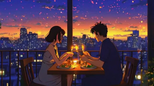 Animated virtual backgrounds cozy couple sits edge rooftop, wrapped in a blanket, watching city. lofi music 2D 4k Lofi Japanese manga Anime-style Looping hip hop Music Video Background