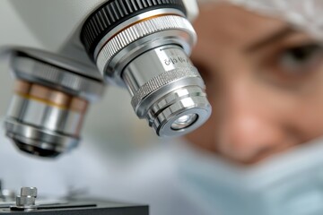 Scientific analysis: capturing lab scientist intently looking through microscope, meticulously studying intricate specimens, importance of detailed investigation, discovery in laboratory settings.