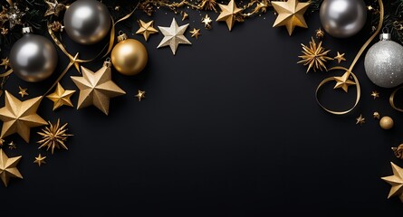 A festive, festive image with a black background decorated with a variety of gold and silver ornaments, including sparkling stars, glitter baubles and ribbon curls.