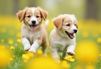 Happy Puppies Running Through A Flower Field In A Beautiful Spring Day Capturing Their Playful Spirits