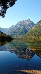 A tranquil landscape showcasing a serene lake surrounded by majestic mountains under a clear blue sky, reflecting nature's beauty.