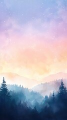 Fototapeta premium A tranquil landscape with layered mountains and a colorful sky at sunset, creating a serene and picturesque atmosphere.