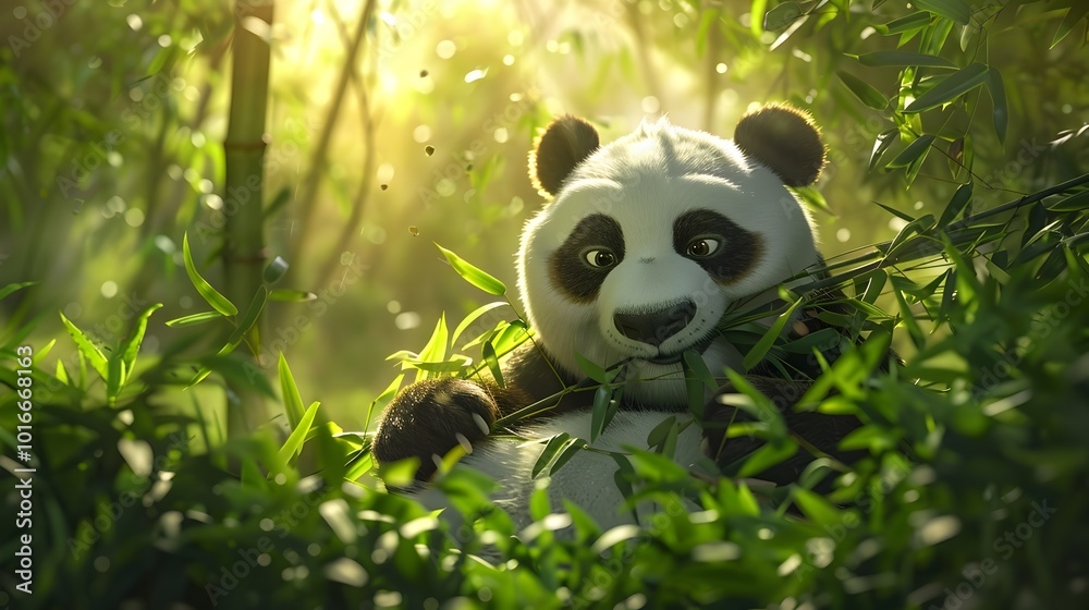 Sticker Panda Munching on Bamboo in Lush Green Forest with Sunlight Filtering Through Leaves