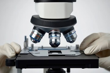 Scientific analysis: capturing lab scientist intently looking through microscope, meticulously studying intricate specimens, importance of detailed investigation, discovery in laboratory settings.