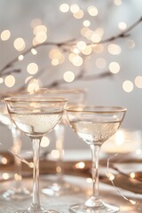 Elegant champagne glasses with bokeh lights in festive atmosphere